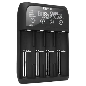 This intelligent charger has four independent charging slots to charge any combination of Ni-MH, Ni-Cd, Li-ion, or LiFePO4 cells at the same time.