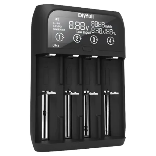 This intelligent charger has four independent charging slots to charge any combination of Ni-MH, Ni-Cd, Li-ion, or LiFePO4 cells at the same time.