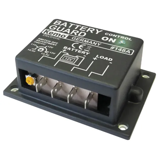 This battery saver protects your 12V car battery from discharge by disconnecting loads to prevent voltage dropping below a preset limit (10.4 to 13.3V). The module automatically reconnects the loads once the battery recharges, typically 0.8V above cut-off