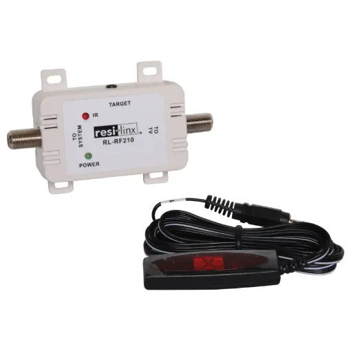 The resi-linx™ RL-RF210 is a sleek and unobtrusive "Plasma Friendly" Flat IR Target for use in the resi-linx™ range of RF IR Video Distribution system. The target receives IR commands from remote controls and sends the signal through the Video Hub and Emitters to control the AV device at a remote location.