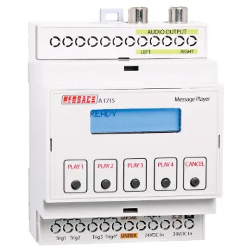 The A 1715 is an MP3 based message player, housed in a convenient DIN rail housing. It has four independent contacts for remote triggering
of the four available MP3 audio files.