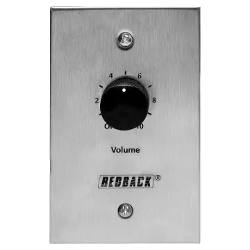 A stainless steel version of our popular Redback 40W volume attenuator. Designed to control 100V line speaker systems these attenuators are fitted to industry standard wall plates and install into an electrical wall box.