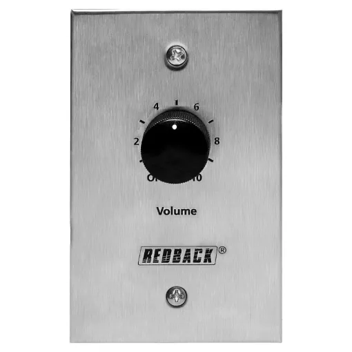 A stainless steel version of our popular Redback 40W volume attenuator. Designed to control 100V line speaker systems these attenuators are fitted to industry standard wall plates and install into an electrical wall box.