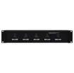 May be configured to either five single inputs to five outputs or one input to five outputs. Each zone has a 40W and 100W load capacity respectively, with a total panel capacity of 200W and 500W.  Has 11 settings plus 'off'. The input and outputs are conn