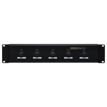 May be configured to either five single inputs to five outputs or one input to five outputs. Each zone has a 40W and 100W load capacity respectively, with a total panel capacity of 200W and 500W.  Has 11 settings plus 'off'. The input and outputs are conn