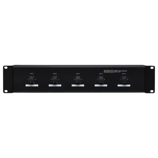 May be configured to either five single inputs to five outputs or one input to five outputs. Each zone has a 40W and 100W load capacity respectively, with a total panel capacity of 200W and 500W.  Has 11 settings plus 'off'. The input and outputs are conn