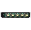 May be configured to either five single inputs to five outputs or one input to five outputs. Each zone has a 40W and 100W load capacity respectively, with a total panel capacity of 200W and 500W.  Has 11 settings plus 'off'. The input and outputs are conn