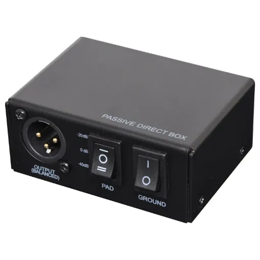 Direct injection (DI) boxes are used to convert high impedance unbalanced signals from guitars or other musical instrument pickups to a low level balanced output signal. This enables the signal to be transported over long distances without picking up noise or hum. Earth and hum loops are isolated from powered equipment such as keyboards.