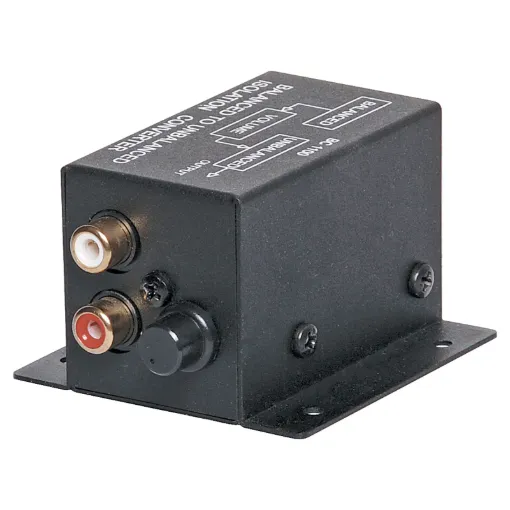 Balanced 600 Ohm 3 pin female XLR to unbalanced 10K Ohm 2 x RCA with level control. +10dB max signal gain. Steps up input signal by factor of 16, ie 20mV in = 320mV out.