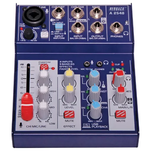 A perfect little mixer companion for your PC/laptop for home recording. Measuring only 124mm wide it takes up very little desk space whilst still offering features found on mixers twice the size - such as fader level control, three band EQ and effects.