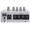 This compact mono mixer allows 4 channels of audio to be mixed via 6.35mm unbalanced connections. It features 4 x 6.35mm unbalanced inputs, 1 x 6.35mm balanced master output, master volume control.

Can be operated by 9V battery or 12V plugpack. Sold se