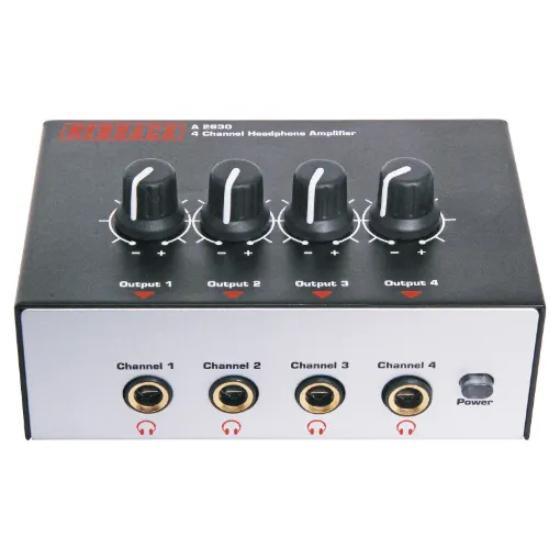 A compact headphone amplifier featuring four individual channels with volume controls. Ideally suited to monitoring in band and stage environments, it can also be used in educational situations such as language labs.  Amplification and individual volume c