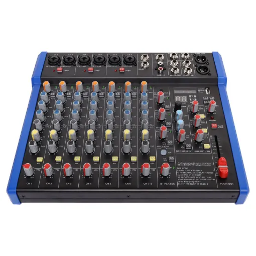 A lightweight and compact USB powered mixer featuring 14 channels. Channels 1 to 6 are XLR/6.35mm combo sockets suitable for both mic and line level signals.