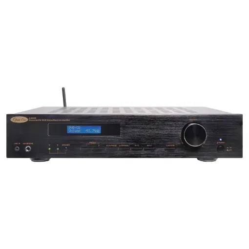 A stylish 2 x 100W (into 4 Ohm) FM stereo receiver with bluetooth audio streaming and a remote control. It features four stereo RCA inputs for CD, DVD, TV and Auxiliary. The large rotary dial controls volume, balance, bass and treble.