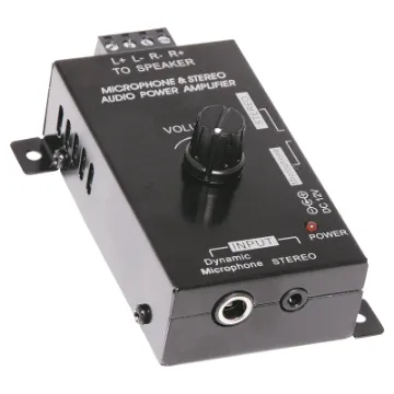 ﻿This compact amplifier is a great way to power a pair of speakers without the bulk of a full size hi-fi receiver. It provides 2x15W RMS output power - enough to power a pair of small ceiling or bookshelf speakers.