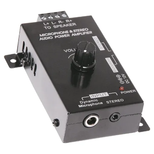 ﻿This compact amplifier is a great way to power a pair of speakers without the bulk of a full size hi-fi receiver. It provides 2x15W RMS output power - enough to power a pair of small ceiling or bookshelf speakers.