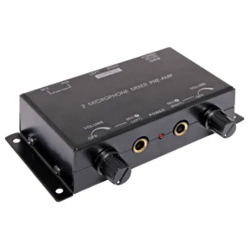 Dual microphone preamplifiers that can be mixed in stereo or operated separately. Dual inputs, Dual outputs. Includes 12V power supply.