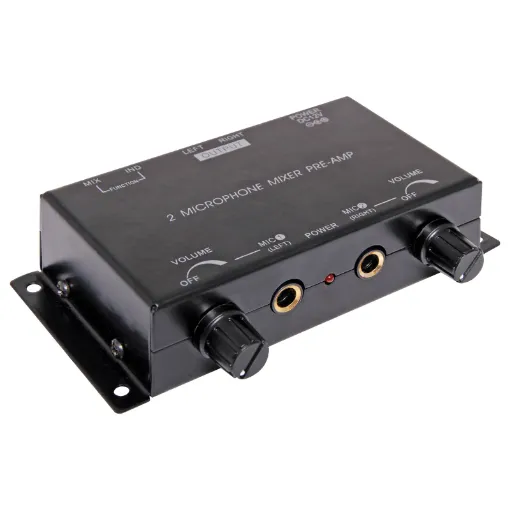 Dual microphone preamplifiers that can be mixed in stereo or operated separately. Dual inputs, Dual outputs. Includes 12V power supply.