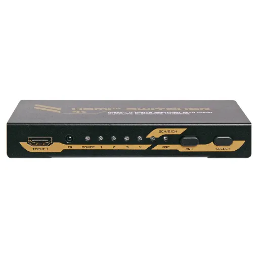 This compact 4-way HDMI switcher features manual & infra-red remote control for switching up to 4 sources to a single display supporting resolutions up to 4K.
