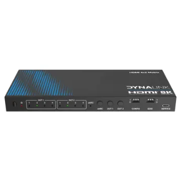 Allows four HDMI 8K V2.1 sources to be switched to two outputs/screens. This compact switcher brings together your HDMI sources for easy switching via front panel or IR remote control.