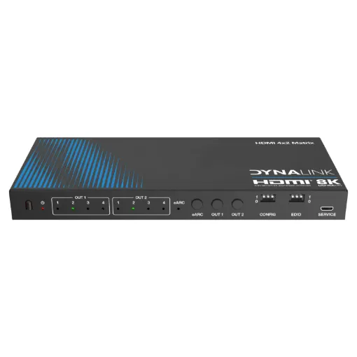 Allows four HDMI 8K V2.1 sources to be switched to two outputs/screens. This compact switcher brings together your HDMI sources for easy switching via front panel or IR remote control.