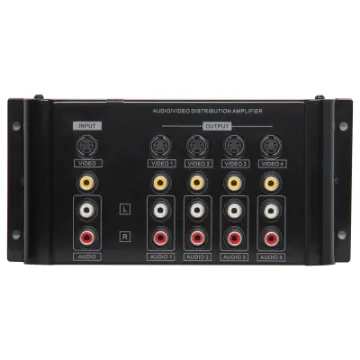 Accepts one stereo audio &amp composite or S-video signal and distributes it to four outputs. Suitable for domestic or commercial use in showrooms, pubs, clubs, cafes, TABs, etc. Gold RCA connections.