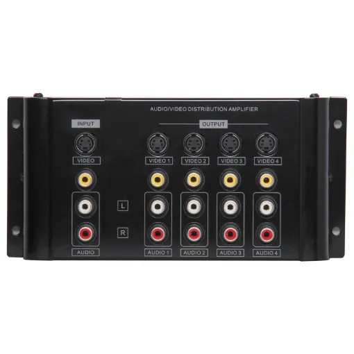 Accepts one stereo audio &amp composite or S-video signal and distributes it to four outputs. Suitable for domestic or commercial use in showrooms, pubs, clubs, cafes, TABs, etc. Gold RCA connections.
