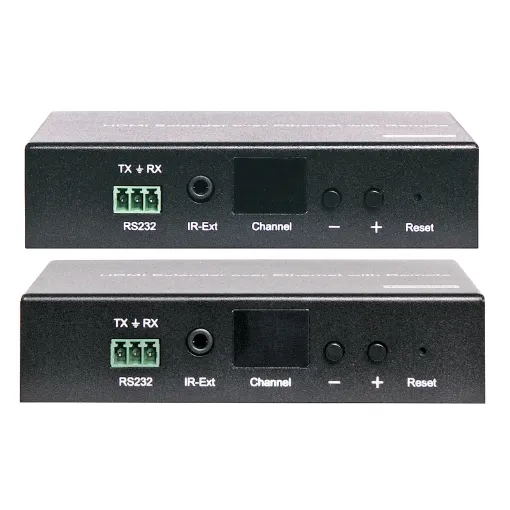 This HDMI over IP Extender uses advanced H.264 compression type which transfers signal using lower bandwidth thus transmit more smoothly. It supports 120m over single Cat5E/6 cable at point to point.  Includes transmitter and receiver.