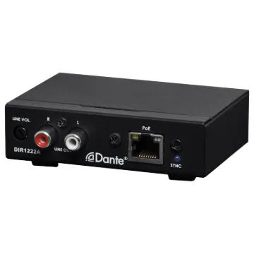 This device is designed to receive two channels audio signal from the Dante network, and converts to analogue RCA outputs. Simply use Cat5 cable to connect the RJ45 port to an Ethernet switch, and using "Dante controller" to receive the low latency of signal from other devices which already connected on the same Dante network.