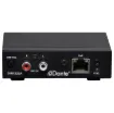 This device is designed to receive two channels audio signal from the Dante network, and converts to analogue RCA outputs. Simply use Cat5 cable to connect the RJ45 port to an Ethernet switch, and using "Dante controller" to receive the low latency of signal from other devices which already connected on the same Dante network.