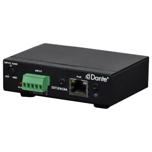This device is designed to provide two channels audio signal to the Dante network by the Euro terminal input. Simply use Cat5 cable to connect the RJ45 port to an Ethernet switch, and using "Dante controller" to route the low latency of signal to other devices which already connected on the same Dante network.