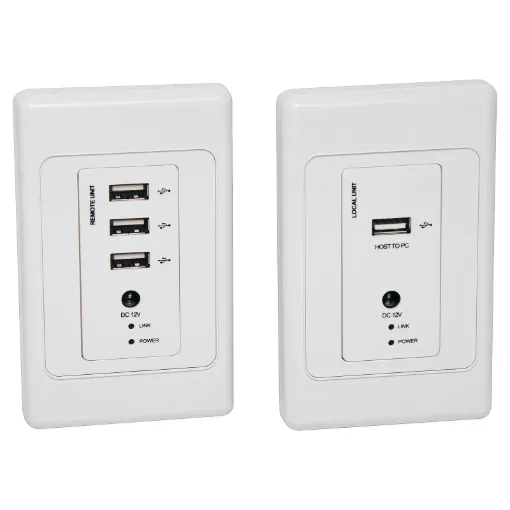 A point to point USB2.0 over UTP balun pair mounted into a wallplate for transmission of USB data between rooms. Installation is made easier via PoE, which only requires a single power source at either the receiver or transmitter end.