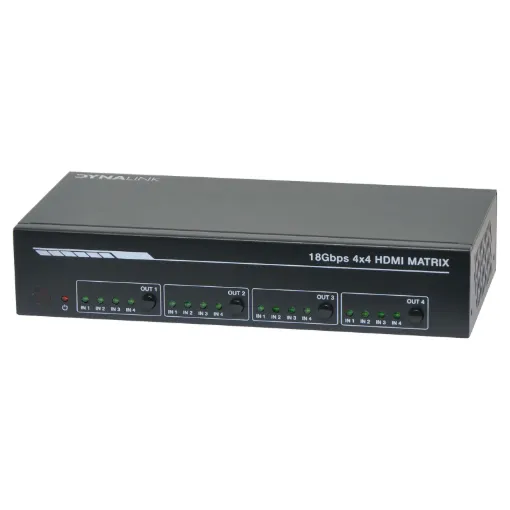 This 4x4 HDMI 2.0 18Gbps Matrix Switcher can switch any of these 4 HDMI 2.0 Sources to four HDMI 2.0 Displays.