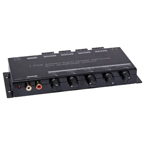 Excellent for multi-room audio distribution, this 12V powered four zone amplifier produces 30W RMS per zone (15W RMS per channel) - all from a case just 200mm across! One input source may be connected on the front panel via stereo RCA sockets.