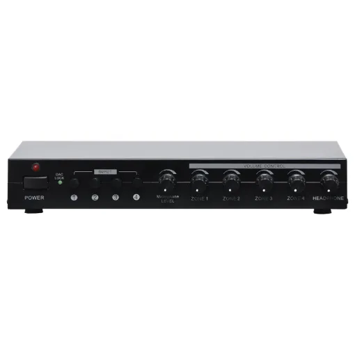 Ideal for small businesses or simple multi-zone home audio systems. Switch between up to 4 different audio sources - connect up to 8 speakers. Toslink digital audio input for TV audio. Great for background music use. Also fitted with 6.35mm microphone connection.