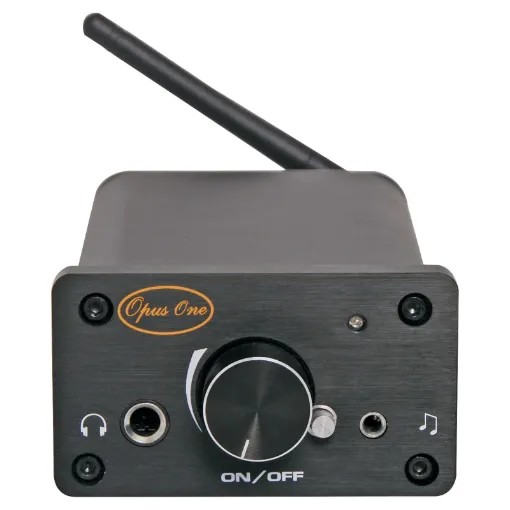 A compact, sturdy 2x50W RMS class-D stereo amplifier with 3.5mm input on the front and RCA input on the back for easy connection.