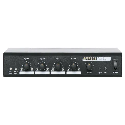 The Redback&reg A 4422 4 channel mixer has been designed to meet the requirements of professional public address installations. It is ideally suited for use in shopping centres, gymnasiums, places of worship, court rooms etc.