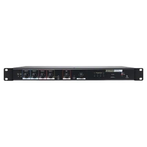 This unique mixer features four input channels which are user selectable for either balanced mic, line or auxiliary use. It incorporates a four channel SD card based message player making it an excellent choice for retail, supermarkets and hardware stores.