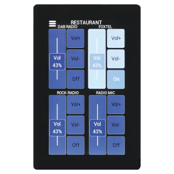 This 4.3" touchscreen control wall plate allows for remote source selection and level control in Redback source control systems (currently compatible with A4450, A4460 and A4650 systems).
