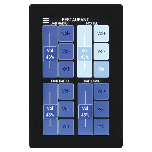 This 4.3" touchscreen control wall plate allows for remote source selection and level control in Redback source control systems (currently compatible with A4450, A4460 and A4650 systems).