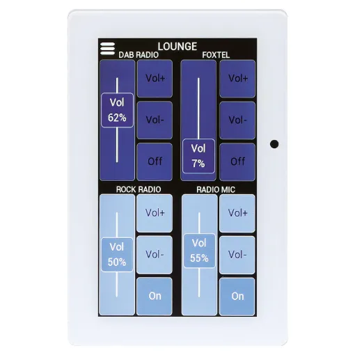 This 4.3" touchscreen control wall plate allows for remote source selection and level control in Redback source control systems (currently compatible with A4450, A4460 and A4650 systems).
