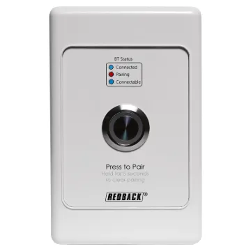 A handy remote pairing plate to suit the Redback A4515/20 BT 5.0 receiver units. Connection is via any standard 4 core cabling back to the main receiver unit. This allows users to remote activate the pairing mode on the Redback A4515/20. Switch is fitted to a standard size Australian single gang electrical wallplate.