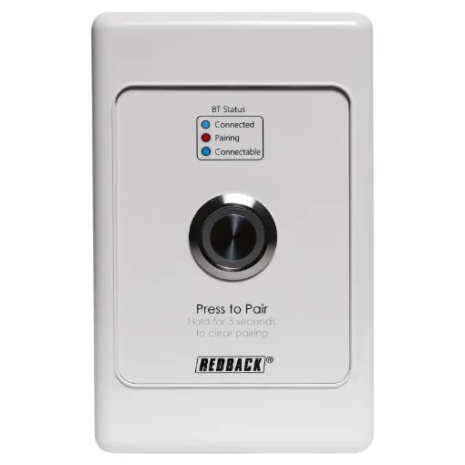 A handy remote pairing plate to suit the Redback A4515/20 BT 5.0 receiver units. Connection is via any standard 4 core cabling back to the main receiver unit. This allows users to remote activate the pairing mode on the Redback A4515/20. Switch is fitted to a standard size Australian single gang electrical wallplate.