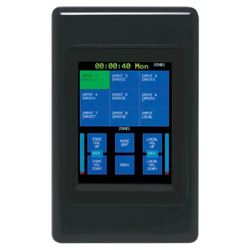 The A4496 wall plate allows remote selection of the A4480B zone input audio source and volume level (1 plate required per zone).