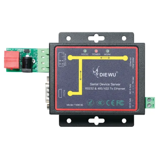 This serial to ethernet converter allows you to easily send serial RS232/422/485 over ethernet for controlling equipment over longer distances than traditional serial cables.