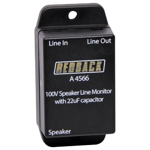 A simple in-line connection box fitted with a line monitoring capacitor. Since many 100V speakers do not have 22μF capacitors fitted, this box allows you to easily add it into the circuit for connection to a line monitoring system.