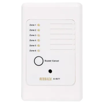 Designed to operate on 12 to 30VDC. This six input wall plate will sound a buzzer and
illuminate a specific LED when an input is activated/triggered by a closing contact. A
Cancel button allows the buzzer to be switched off whilst the LED indicator rema