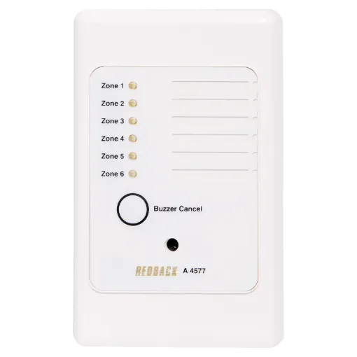 Designed to operate on 12 to 30VDC. This six input wall plate will sound a buzzer and
illuminate a specific LED when an input is activated/triggered by a closing contact. A
Cancel button allows the buzzer to be switched off whilst the LED indicator rema