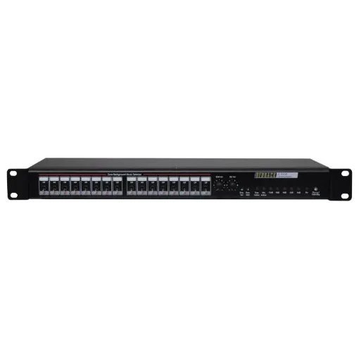 This unit is a very versatile cost effective public address/background music control system which provides audio to up to 16 zones. Backgound music which can be selected to play through any zone is muted when general paging occurs or when an evacuation input overrides the system.
