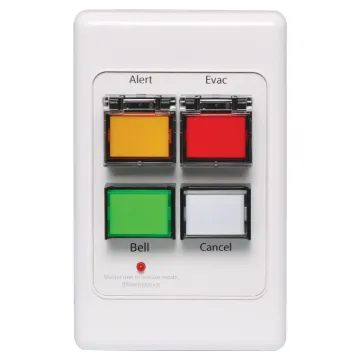 The A4581V wall plate allows remote triggering of the Alert, Evacuation and Bell tones and the cancel function of the A4565A Alert/Evacuation Controller.